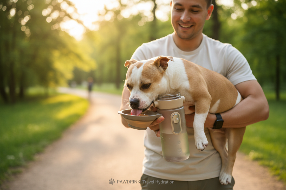 Dog drinking from a portable water bottle on a sunny outdoor walk