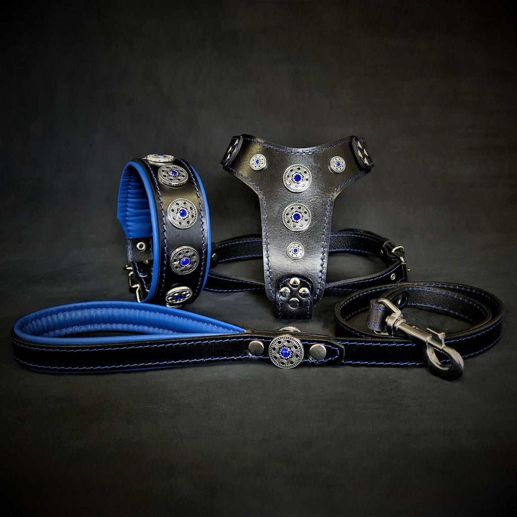 Das Set „Bijou“ – Halsband, Geschirr, Leine. Blau