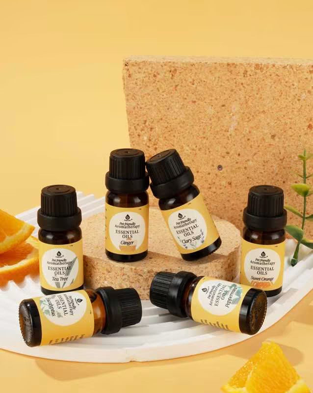 Set de aceites esenciales calmantes seguros para mascotas - 6 aceites de aromaterapia - Madera de cedro, manzanilla, incienso, jengibre, lavanda y romero