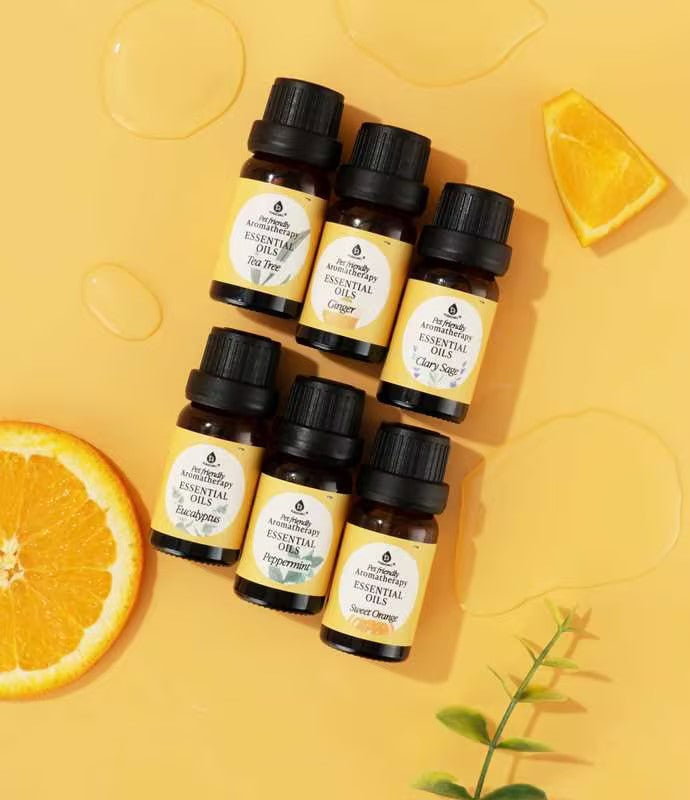 Set de aceites esenciales calmantes seguros para mascotas - 6 aceites de aromaterapia - Madera de cedro, manzanilla, incienso, jengibre, lavanda y romero