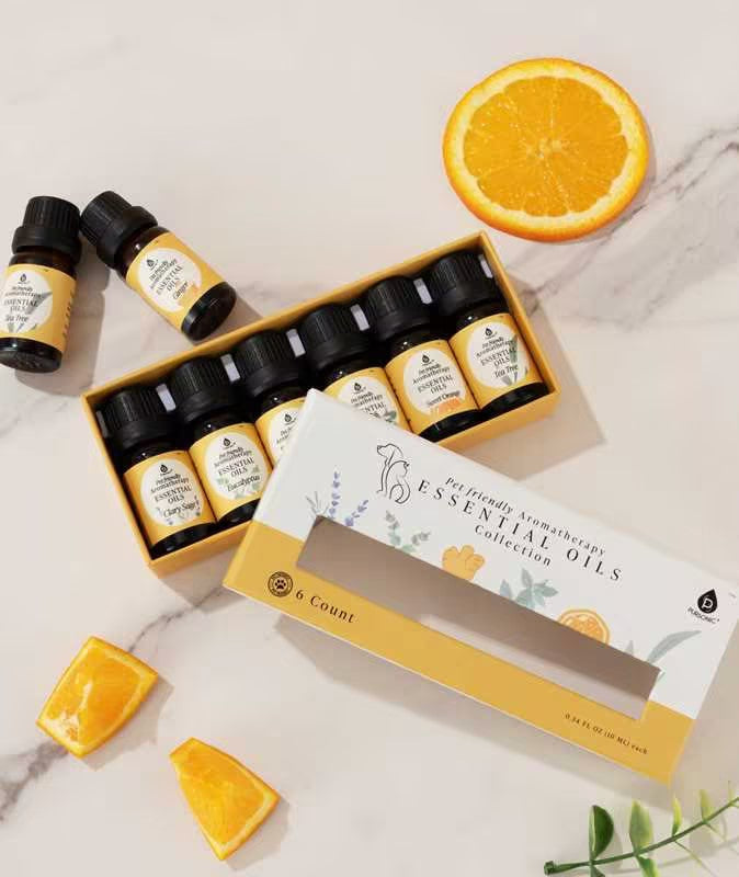 Set de aceites esenciales calmantes seguros para mascotas - 6 aceites de aromaterapia - Madera de cedro, manzanilla, incienso, jengibre, lavanda y romero
