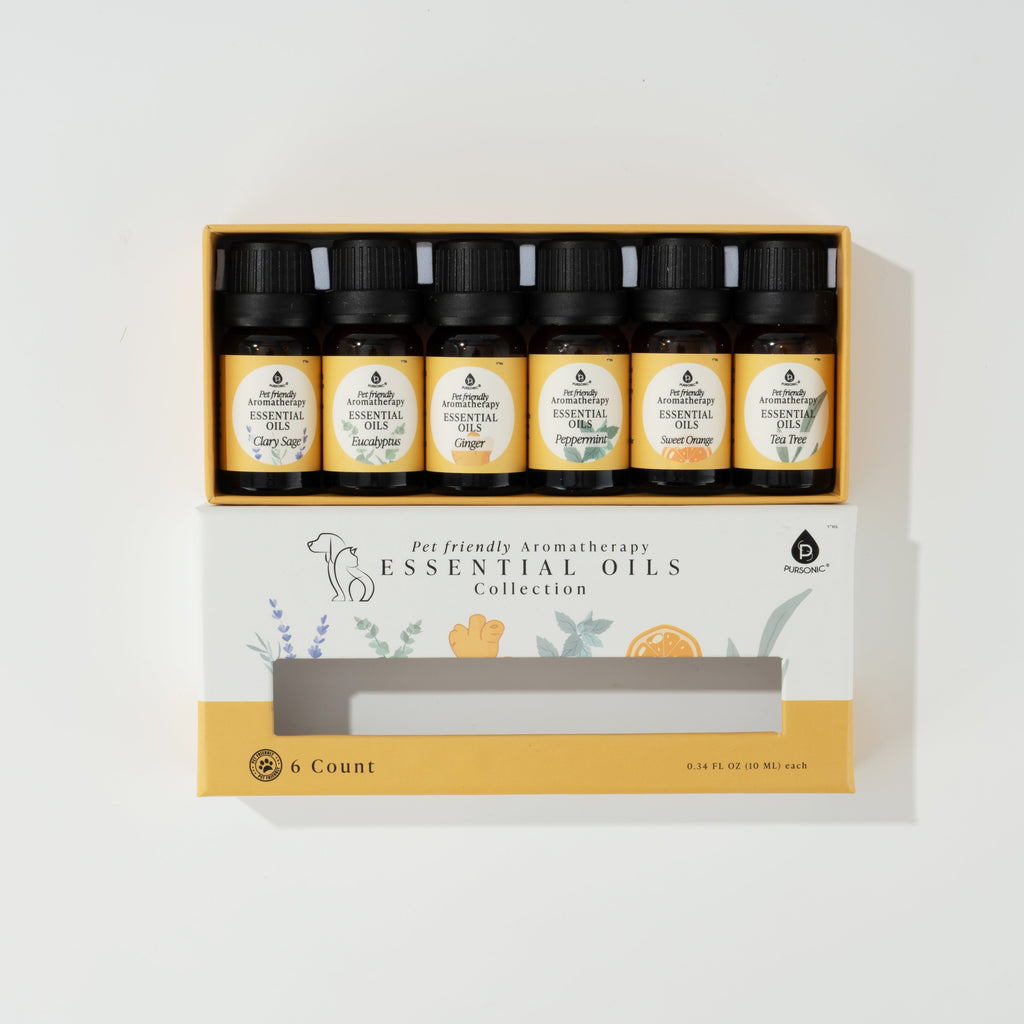Set de aceites esenciales calmantes seguros para mascotas - 6 aceites de aromaterapia - Madera de cedro, manzanilla, incienso, jengibre, lavanda y romero