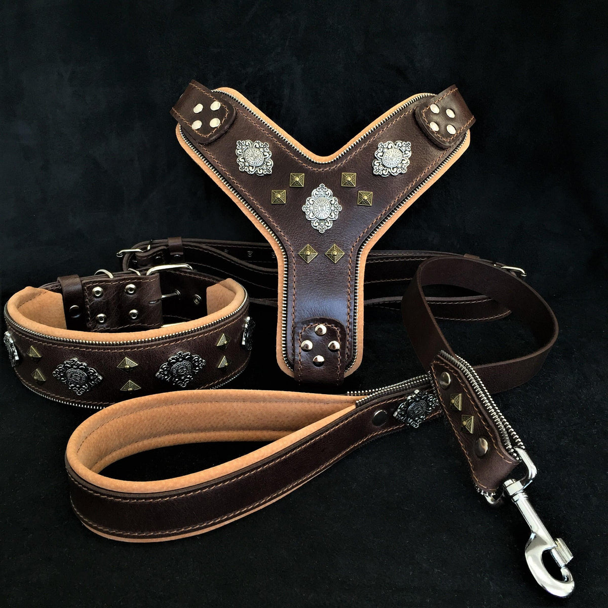 "AZTEC" BIG dog SET - Harness - collar - lead. Brown.