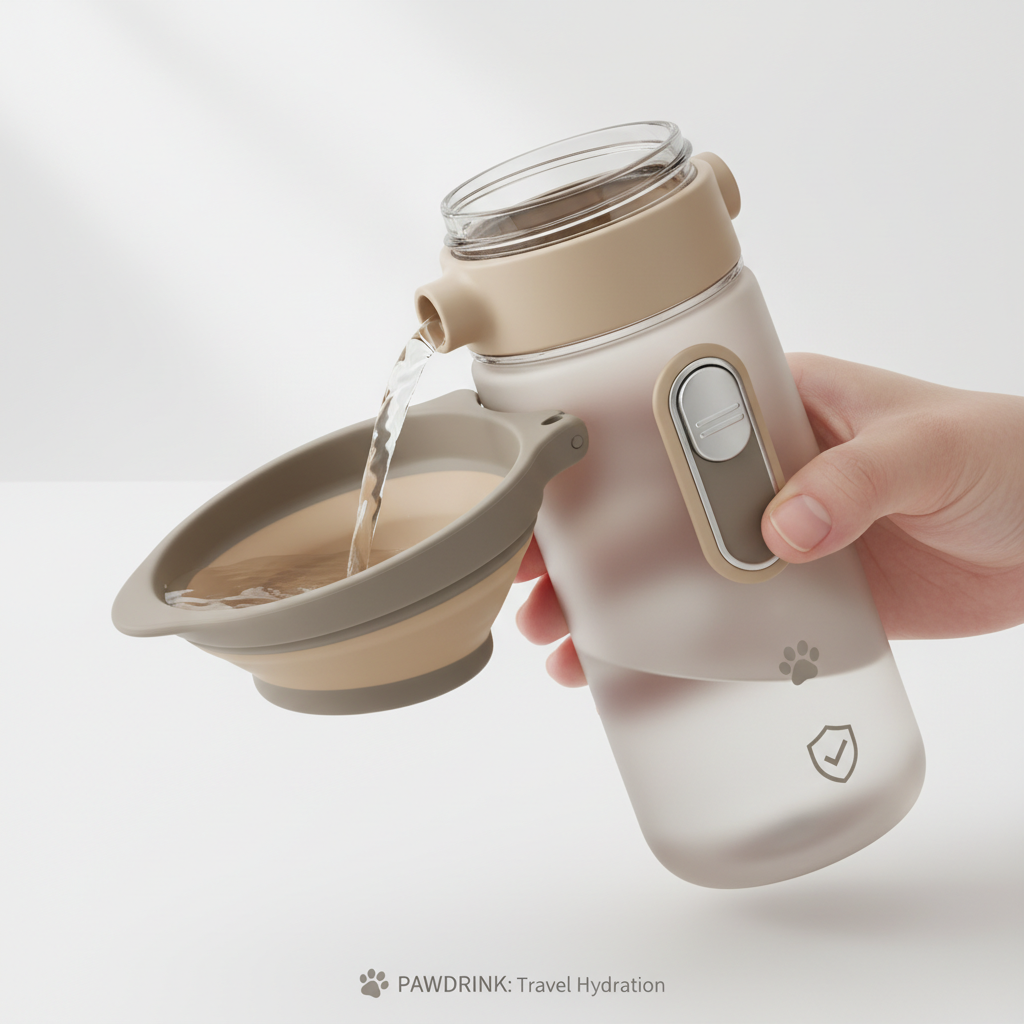 Portable pet water bottle with flip-out drinking bowl attachment