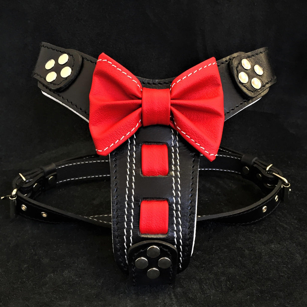 El arnés de cuero hecho a mano "Bowtie" negro, talla pequeña a mediana