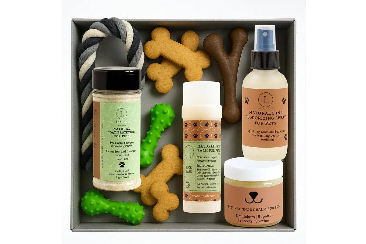 Geschenkbox für verwöhnte Haustiere – Rein natürliche Tier-Wellness-Box – Beruhigende Balsame & Kräuter-Fellpuder